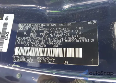 2008 Toyota Tundra Sr5 4.7L V8 z USA, uszkodzony, nr VIN 5TFBT54158X012504